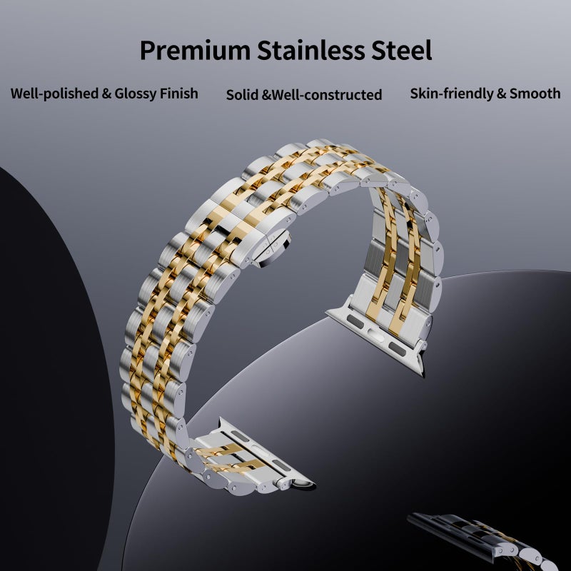 HUANLONG Solid Stainless Steel Band Compatible with Apple Watch 49mm 46mm 45mm 44mm 42mm 41mm 40mm 38mm, Metal Strap for iWatch Series Ultra/Ultra2/10/9/8/7/6/5/4/3/2/1 SE Women and Men (LS 38mm/40mm/41mm Silver/Gold) - Image 4